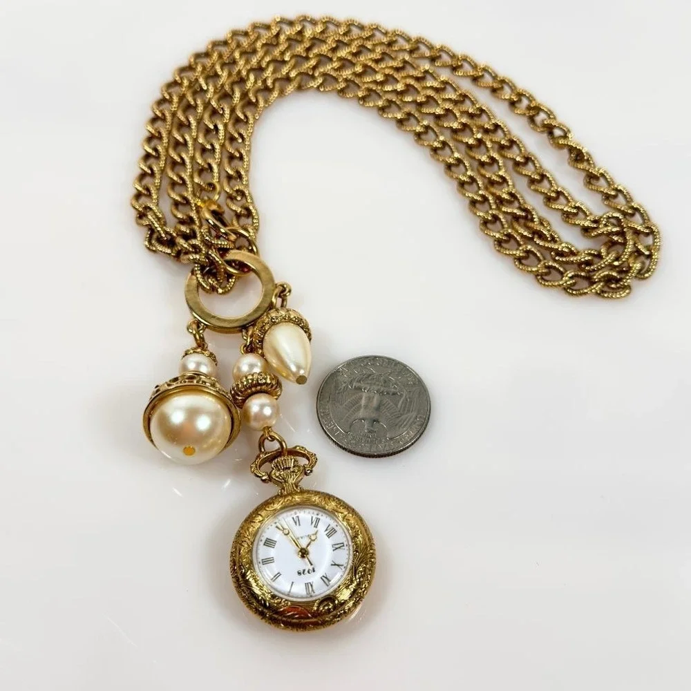 Vintage 1928 Watch Necklace Faux Pearl Dangle Drop 32